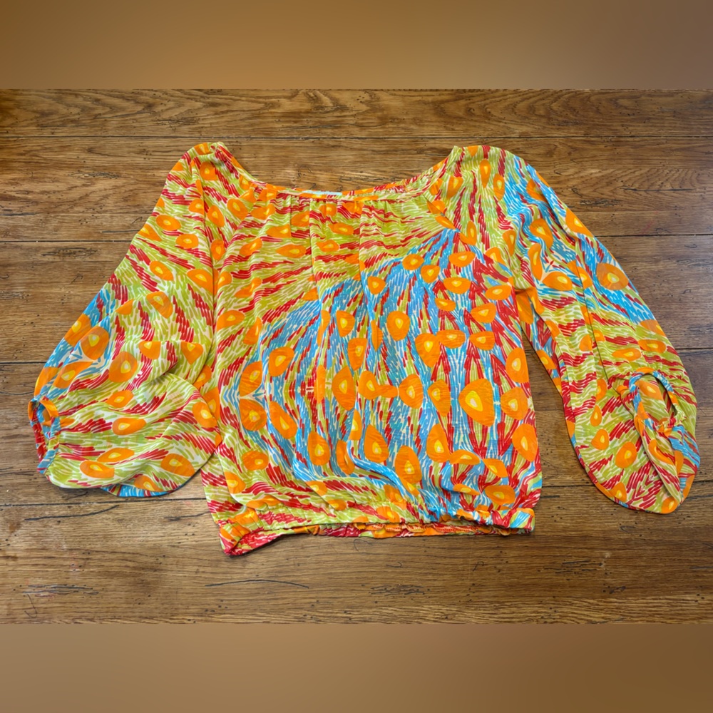 VTG 70’s-80’s Off-Shoulder Sheer Flowy Blouse w/Vibrant Retro Disco design M - Picture 2 of 7